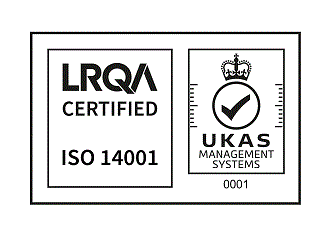 ISO14001 LRQA認証ロゴマークとJAB認定シンボル：左 LRQA認証ロゴマークとUKAS認定シンボル：右