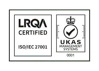 ISO/IEC27001 LRQA認証ロゴマークとISMS認定シンボル：左 LRQA認証ロゴマークとUKAS認定シンボル：右