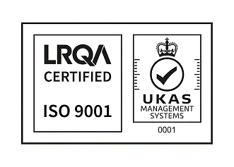 ISO9001 LRQA認証ロゴマークとJAB認定シンボル：左 LRQA認証ロゴマークとUKAS認定シンボル：右